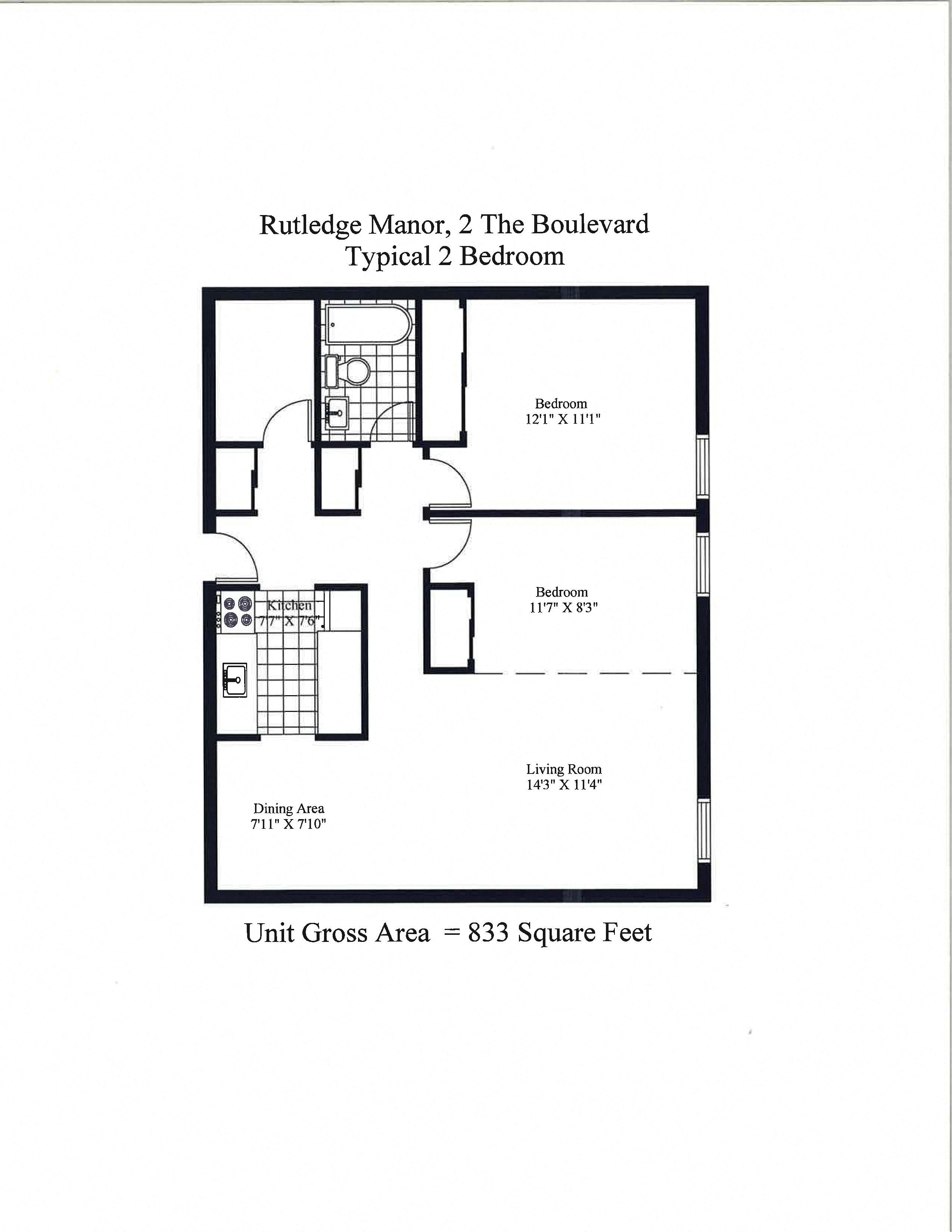 Floor plan for 2 beds, 1 bath, 833 sqft